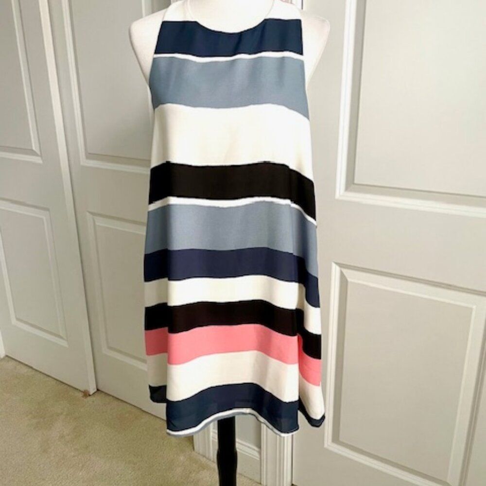 Black Gray Pink Stripe Swing A-Line Dress Size Large